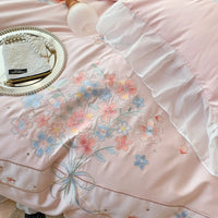 Thumbnail for Pink Blue Luxury Romantic Lace Ruffles Flowers Wedding Duvet Cover, Egyptian Cotton 1200TC Bedding Set