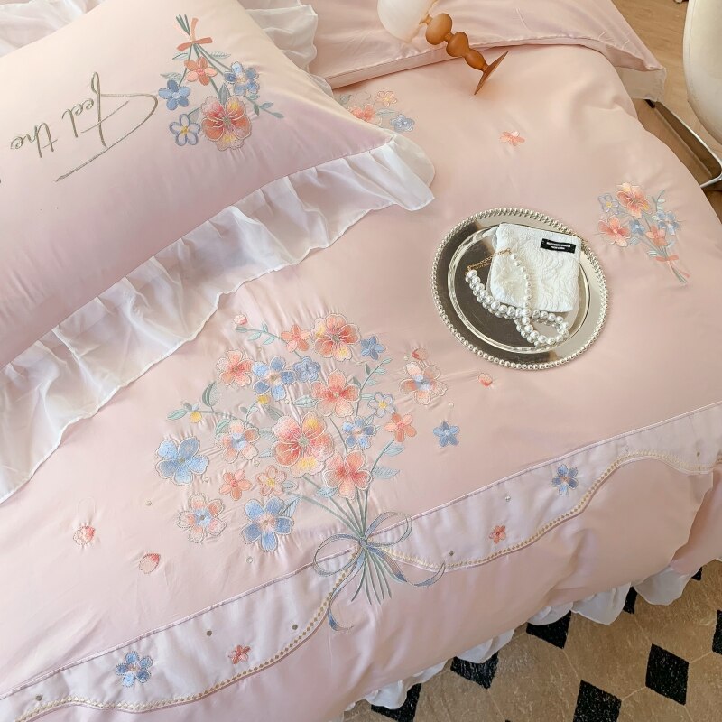 Pink Blue Luxury Romantic Lace Ruffles Flowers Wedding Duvet Cover, Egyptian Cotton 1200TC Bedding Set