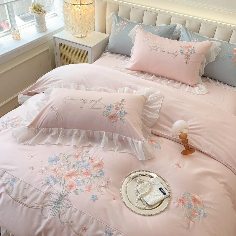 Pink Blue Luxury Romantic Lace Ruffles Flowers Wedding Duvet Cover, Egyptian Cotton 1200TC Bedding Set