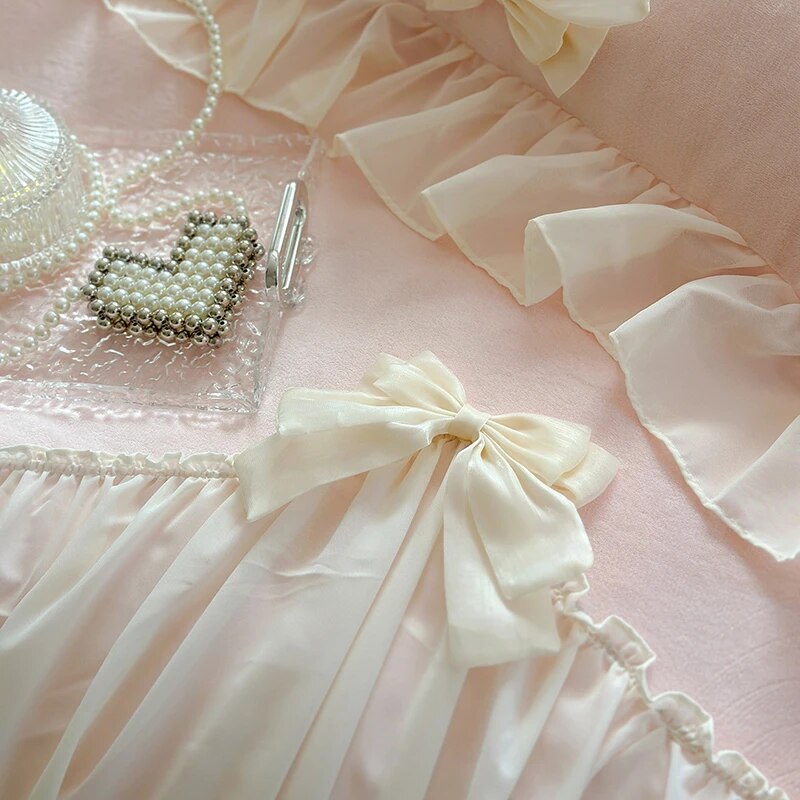 Soft Pink Romantic Lace Ruffles French Princess Velvet Fleece Duvet Cover Bedding Set