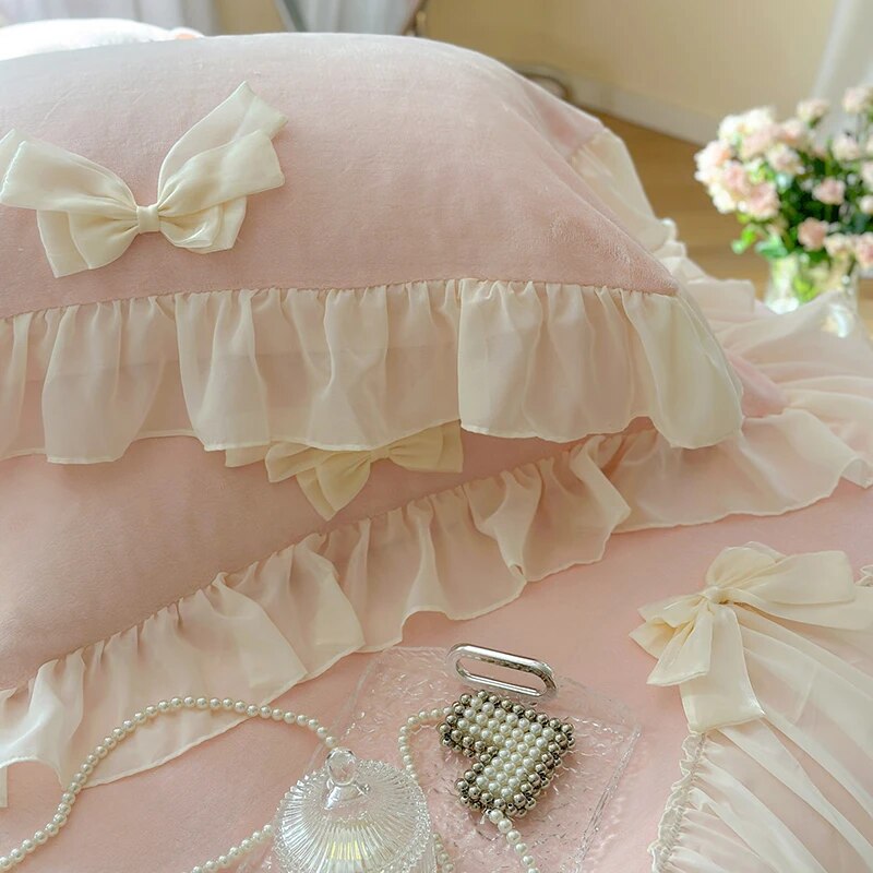 Soft Pink Romantic Lace Ruffles French Princess Velvet Fleece Duvet Cover Bedding Set