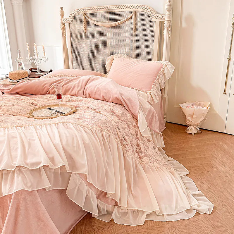 Pink White Rose Lace Ruffles French Wedding Velvet Fleece Duvet Cover Bedding Set