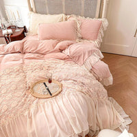 Thumbnail for Pink White Rose Lace Ruffles French Wedding Velvet Fleece Duvet Cover Bedding Set