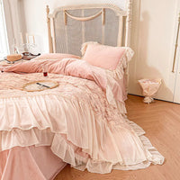 Thumbnail for Pink White Rose Lace Ruffles French Wedding Velvet Fleece Duvet Cover Bedding Set