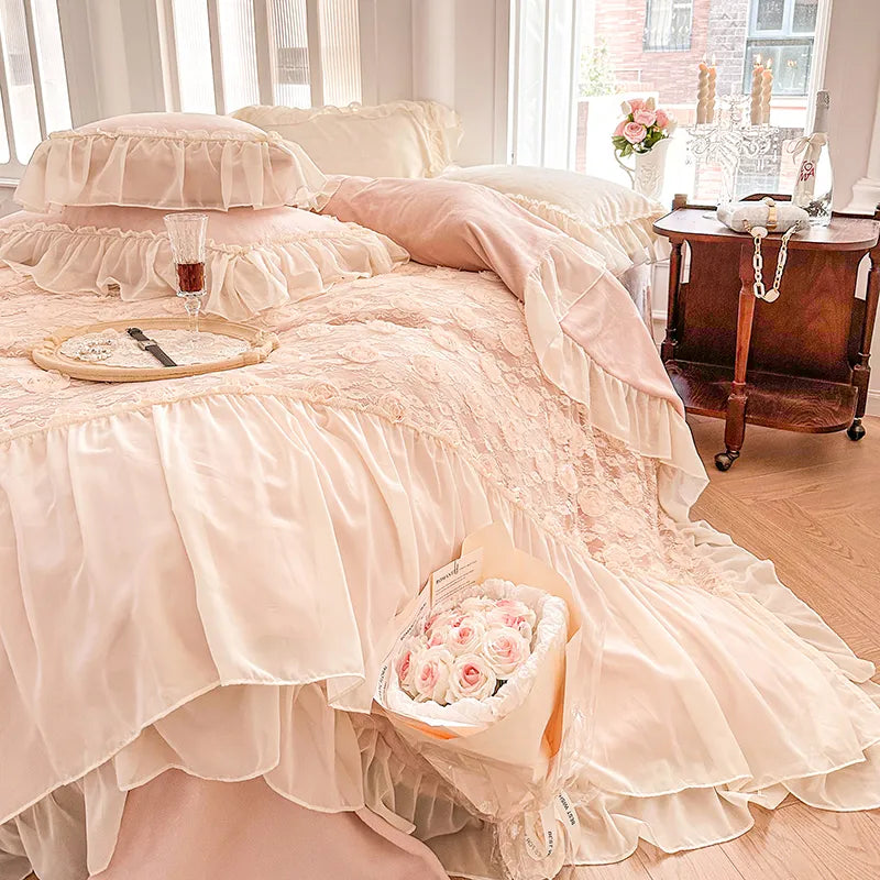 Pink White Rose Lace Ruffles French Wedding Velvet Fleece Duvet Cover Bedding Set