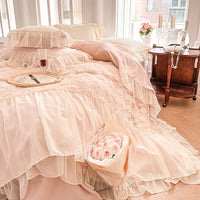 Thumbnail for Pink White Rose Lace Ruffles French Wedding Velvet Fleece Duvet Cover Bedding Set