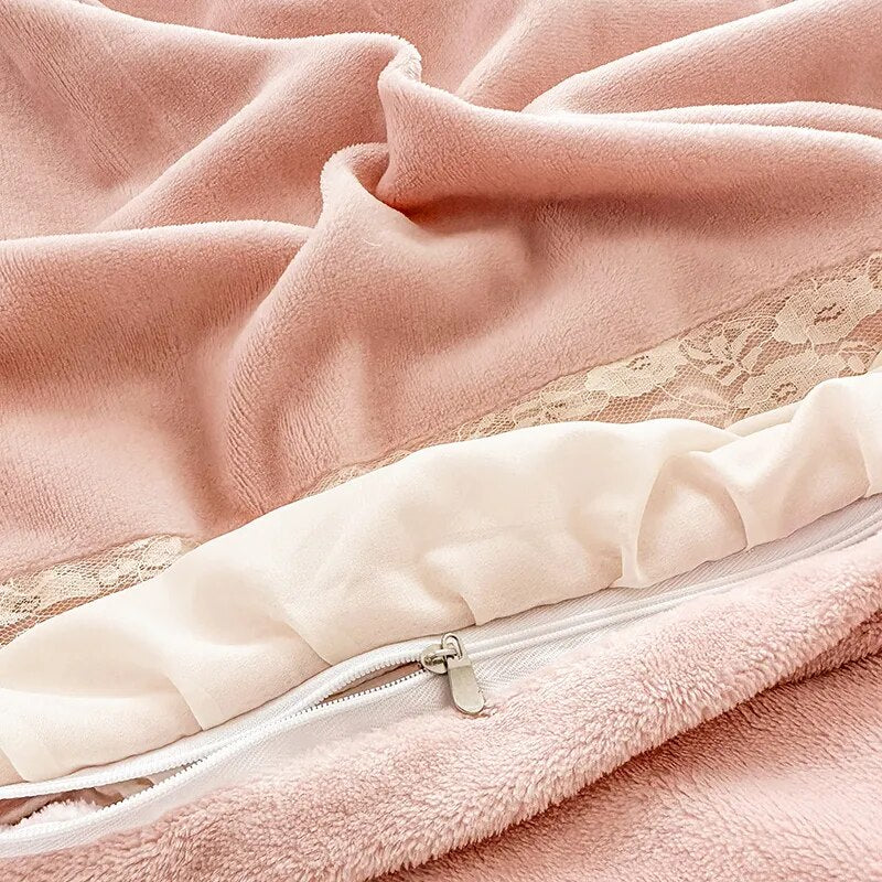 Pink White Rose Lace Ruffles French Wedding Velvet Fleece Duvet Cover Bedding Set