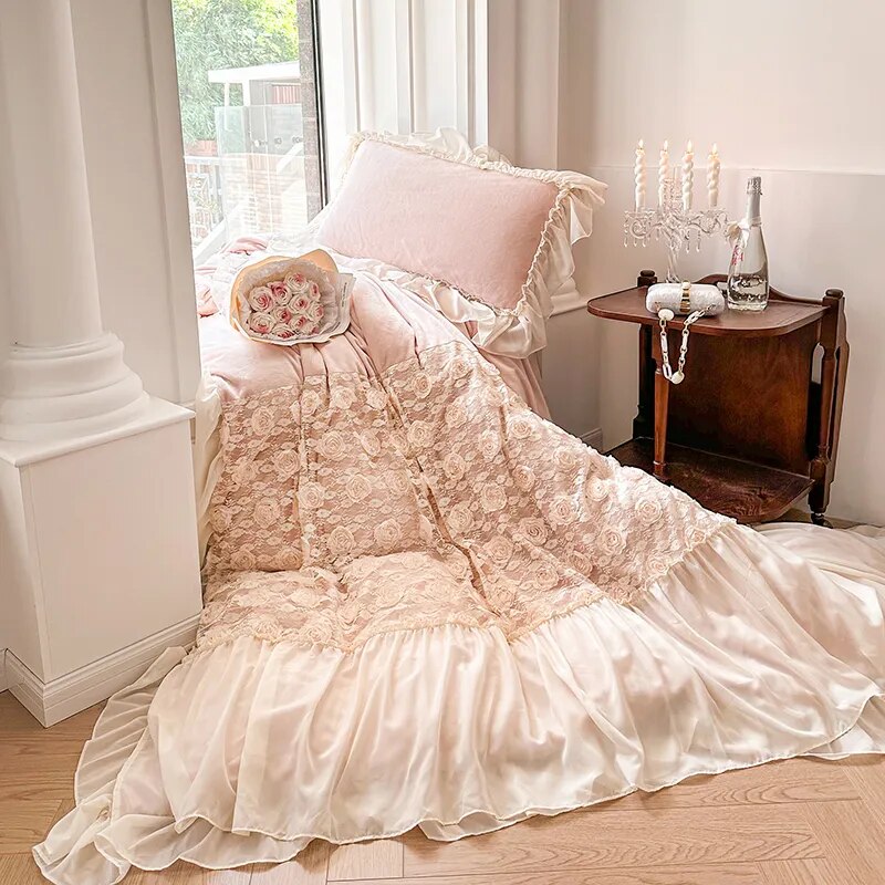 Pink White Rose Lace Ruffles French Wedding Velvet Fleece Duvet Cover Bedding Set