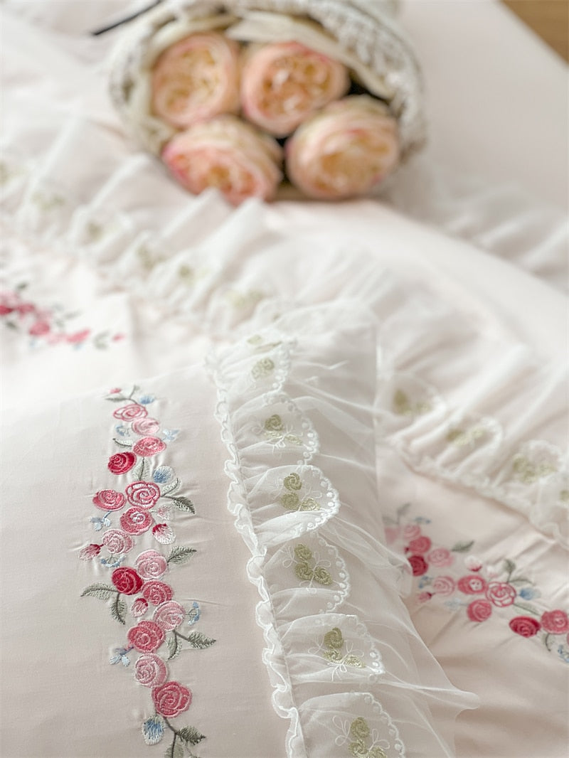 White Pink Rose Fairy Embroidery Princess Wedding Ruffles Duvet Cover, Egyptian Cotton 1000TC Bedding Set