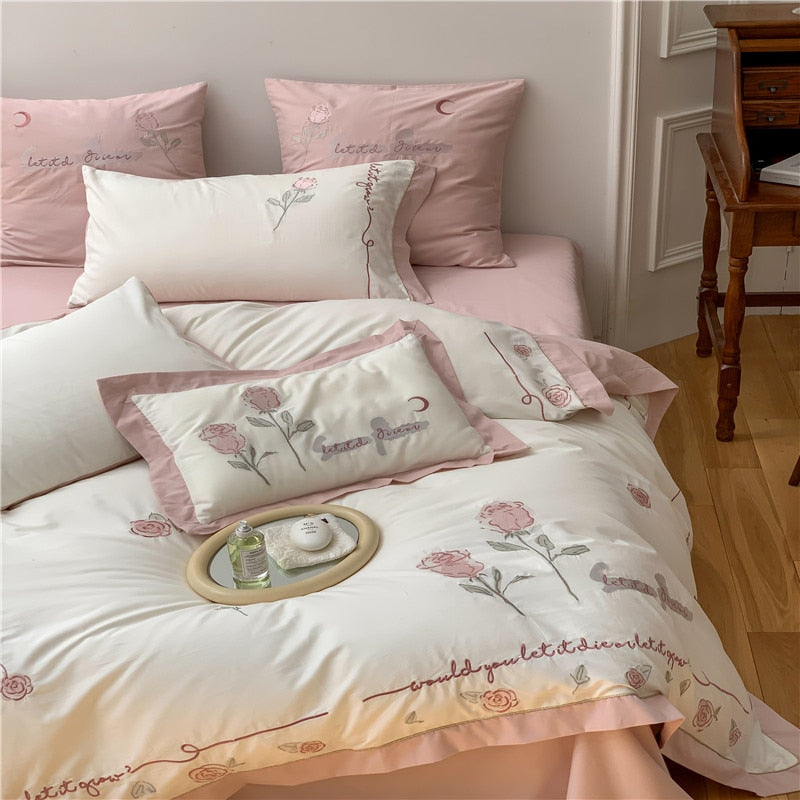 Pink Rose European Girls Embroidered Duvet Cover Set, Egyptian Cotton 1000TC Bedding Set