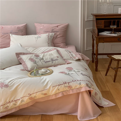 Pink Rose European Girls Embroidered Duvet Cover Set, Egyptian Cotton 1000TC Bedding Set