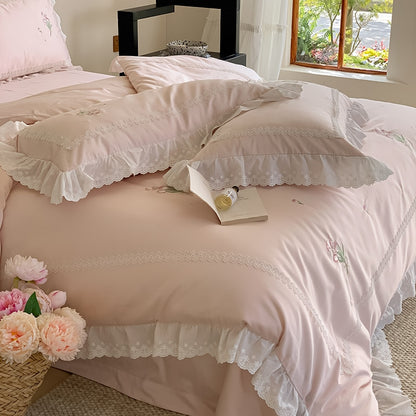 Premium Pink White Vintage French Tulip Flowers Embroidered Duvet Cover, 1000TC Egyptian Cotton Bedding Set