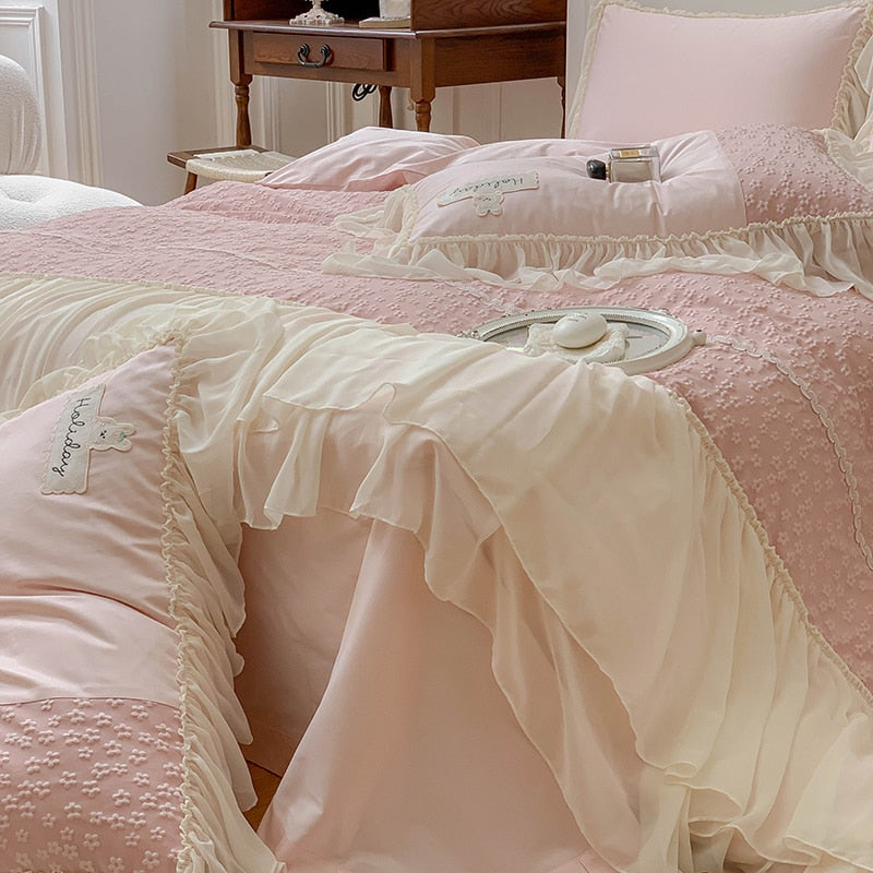 Pink White Wedding Europe Embroidery Double Lace Ruffle Duvet Cover, 1000TC Egyptian Cotton Bedding Set