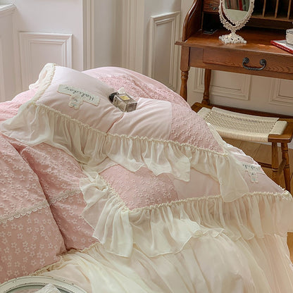 Pink White Wedding Europe Embroidery Double Lace Ruffle Duvet Cover, 1000TC Egyptian Cotton Bedding Set