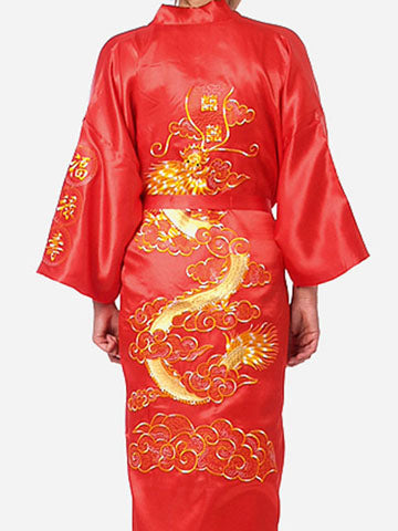 Plus Size Silk Satin Kimono Robe Dragon Embroidery Gown Sleepwear for Men