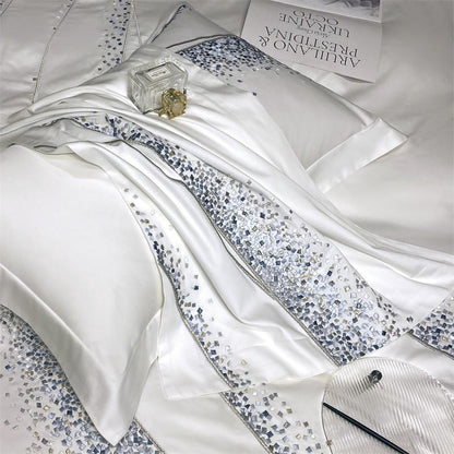 Premium White Blue Art Design Dot Paint Chic Embroidered Duvet Cover Set, 1200TC Egyptian Cotton Bedding Set