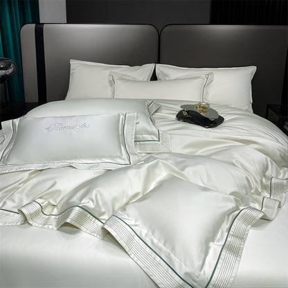 Premium Grey Green Luxury European Striped Top Grade Embroidery Duvet Cover, 2000TC Egyptian Cotton Bedding Set