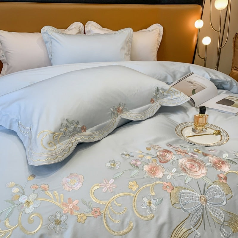 Premium Blue White Rose Princess Rosemary Floral Embroidered Duvet Cover, Egyptian Cotton 1000TC Bedding Set