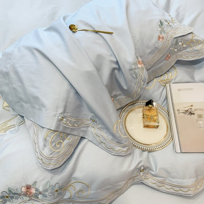 Premium Blue White Rose Princess Rosemary Floral Embroidered Duvet Cover, Egyptian Cotton 1000TC Bedding Set
