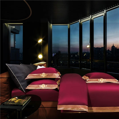 Premium Red Burgundy Turquoise Europe Hotel Grade Embroidery Duvet Cover Set, 1000TC Egyptian Cotton Bedding Set