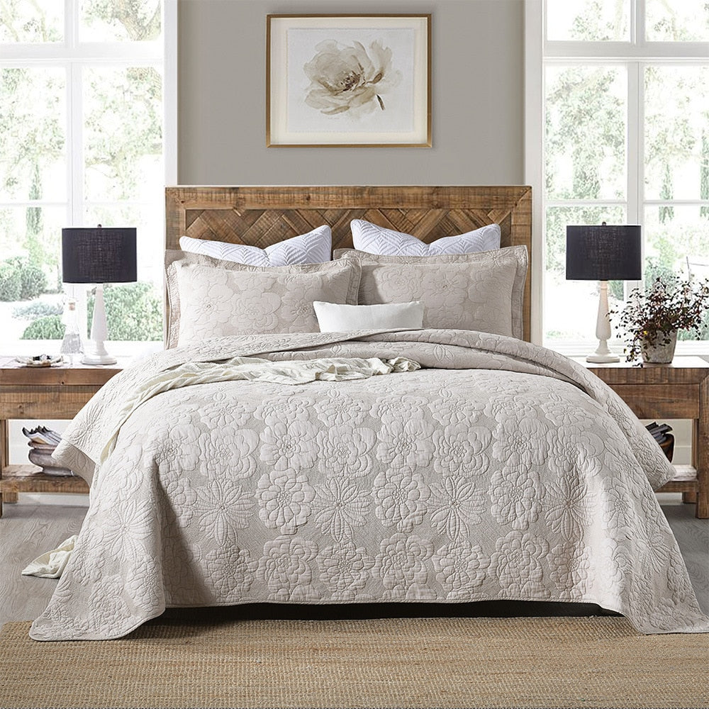 Premium Chic Floral Quilted Bedspread Beige Embroidery Cotton 500TC for Bedding