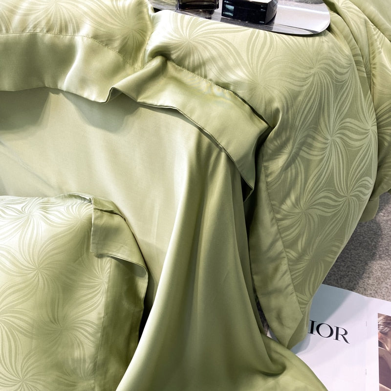 Green Grey Pure Natural Healthy Soft Silky Jacquard Duvet Cover, Eucalyptus 100% Lyocell Bedding Set