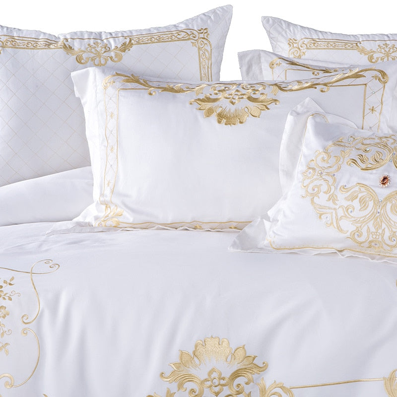 White Gold Baroque Premium Embroidered Duvet Cover Set, Egyptian Cotton Bedding Set