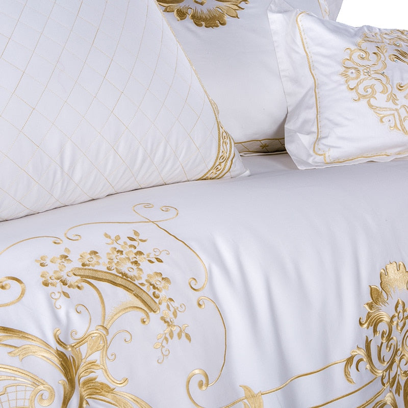 White Gold Baroque Premium Embroidered Duvet Cover Set, Egyptian Cotton Bedding Set