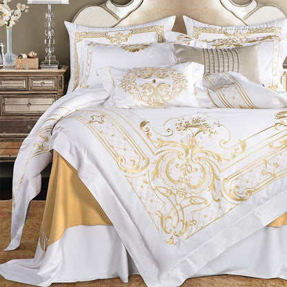 White Gold Baroque Premium Embroidered Duvet Cover Set, Egyptian Cotton Bedding Set