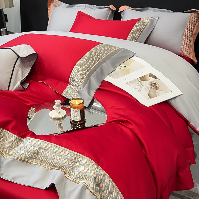 Red Gold Luxury Europe Embroidery Duvet Cover, 100% Cotton Bedding Set