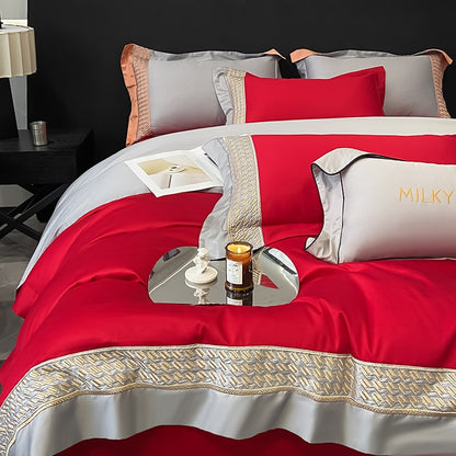 Red Gold Luxury Europe Embroidery Duvet Cover, 100% Cotton Bedding Set