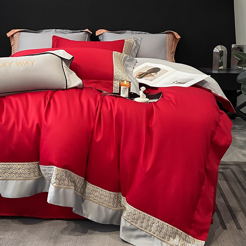 Red Gold Luxury Europe Embroidery Duvet Cover, 100% Cotton Bedding Set