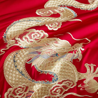 Red Gold Dragon Phoenix Wedding Tassels Duvet Cover, 1000TC Egyptian Cotton Bedding Set