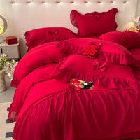 Thumbnail for Red Romantic Lace Ruffles Princess Wedding Cozy Cotton Duvet Cover Bedding Set