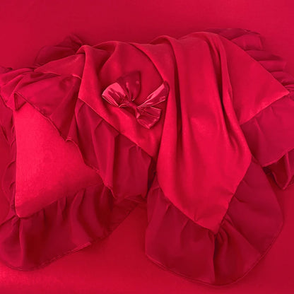 Red Romantic Lace Ruffles Princess Wedding Cozy Cotton Duvet Cover Bedding Set
