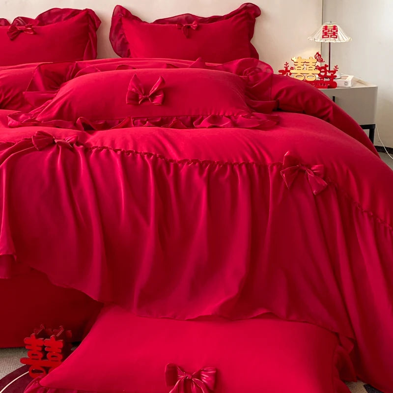 Red Romantic Lace Ruffles Princess Wedding Cozy Cotton Duvet Cover Bedding Set
