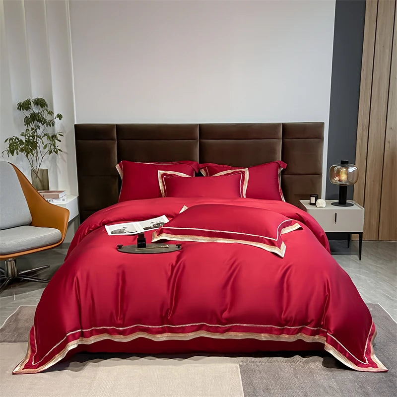 Red White Long Striped Natural Skin Friendly Soft Silky Duvet Cover Set, Bamboo Fiber Bedding set