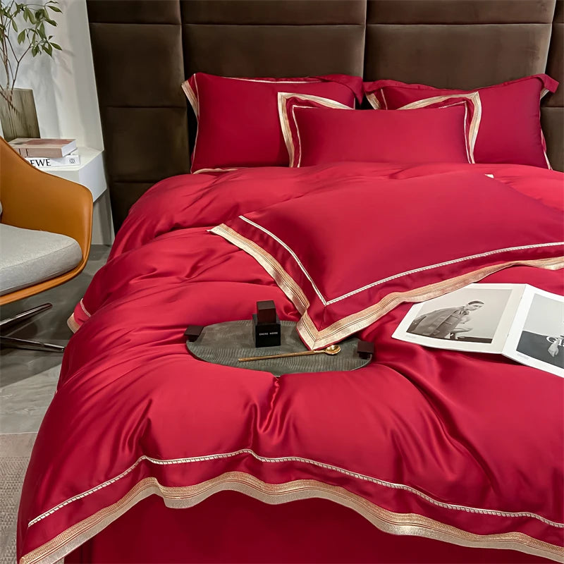 Red White Long Striped Natural Skin Friendly Soft Silky Duvet Cover Set, Bamboo Fiber Bedding set