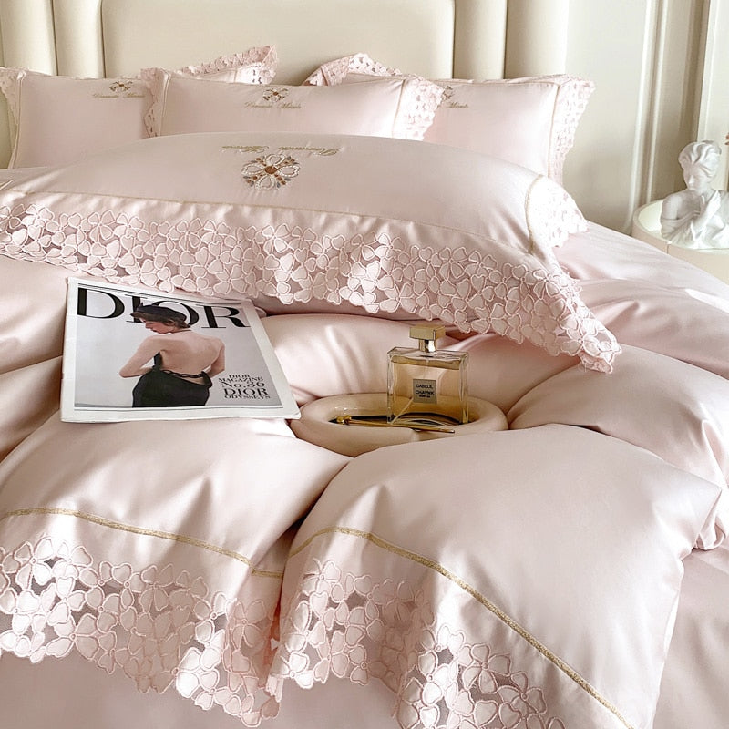 Romantic Pink White French Europe Lace Embroidered Egyptian Cotton 1000TC Duvet Cover Bedding Set