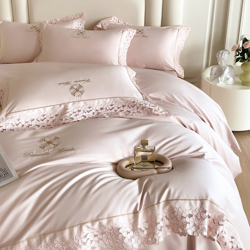 Romantic Pink White French Europe Lace Embroidered Egyptian Cotton 1000TC Duvet Cover Bedding Set