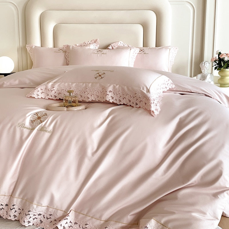 Romantic Pink White French Europe Lace Embroidered Egyptian Cotton 1000TC Duvet Cover Bedding Set