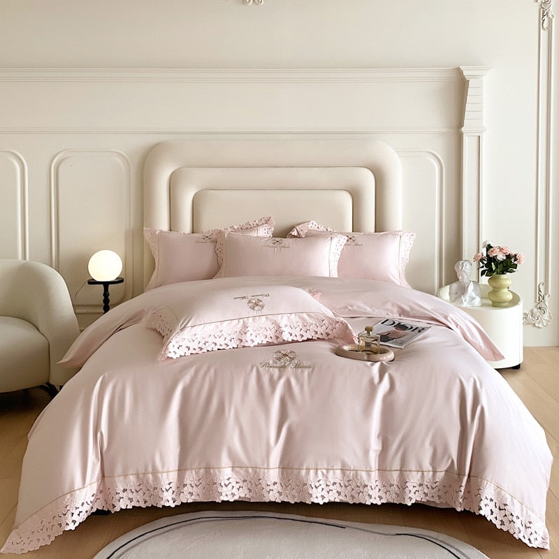 Romantic Pink White French Europe Lace Embroidered Egyptian Cotton 1000TC Duvet Cover Bedding Set