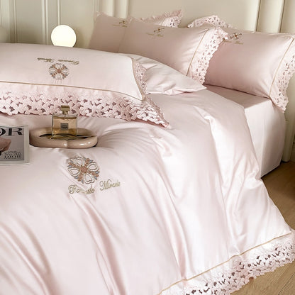 Romantic Pink White French Europe Lace Embroidered Egyptian Cotton 1000TC Duvet Cover Bedding Set