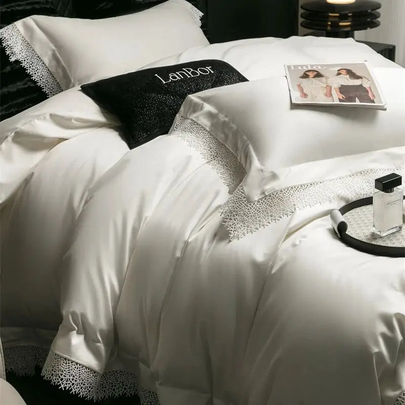 White Burgundy Romantic French Lace Edge 1000TC Egyptian Cotton Duvet Cover Bedding Set