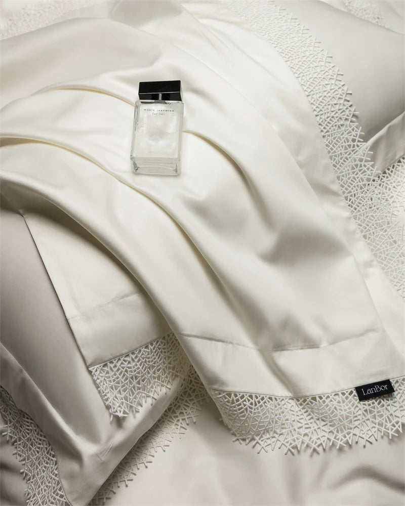 White Burgundy Romantic French Lace Edge 1000TC Egyptian Cotton Duvet Cover Bedding Set