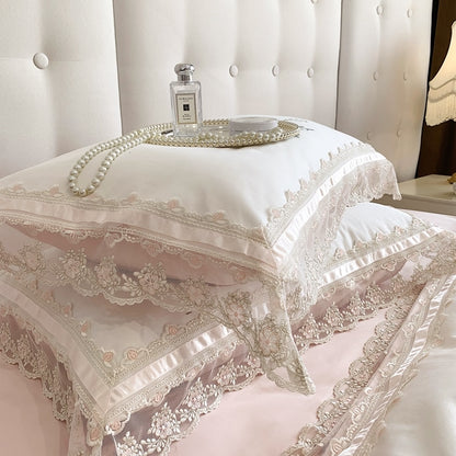 Pink Luxury Romantic French Lace Flowers Wedding Soft Duvet Cover, 1200TC Egyptian Cotton Bedding Set