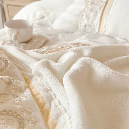 White Pink Luxury Romantic European Ruffles Patchwork Princess Duvet Cover, Velvet Fleece Bedding Set