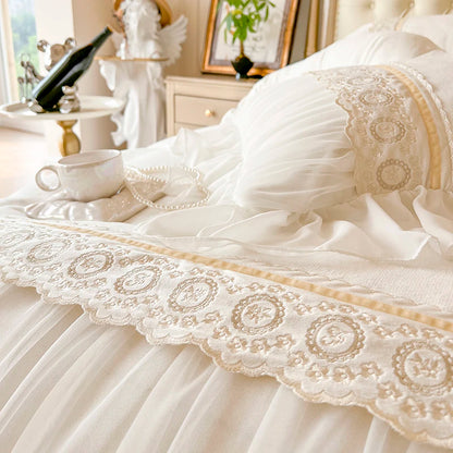 White Pink Luxury Romantic European Ruffles Patchwork Princess Duvet Cover, Velvet Fleece Bedding Set