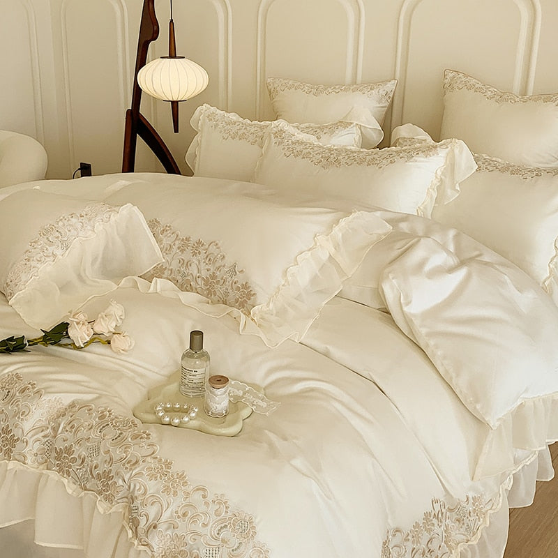 Pink Gold Romantic French Palace Rose Flower Chiffon Lace Duvet Cover, 1000TC Egyptian Cotton Bedding Set