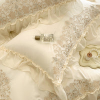 Thumbnail for Pink Gold Romantic French Palace Rose Flower Chiffon Lace Duvet Cover, 1000TC Egyptian Cotton Bedding Set